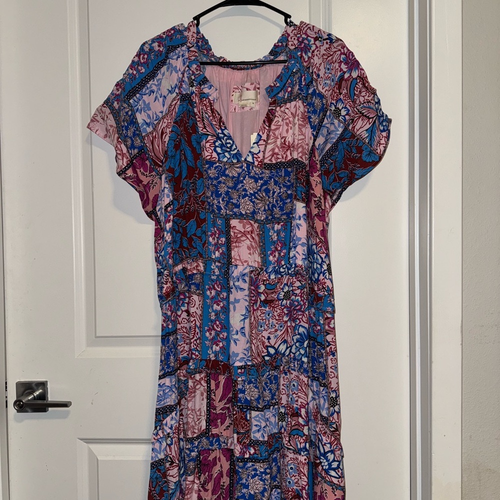 Floral Patchwork Midi Dress - Blue and Pink